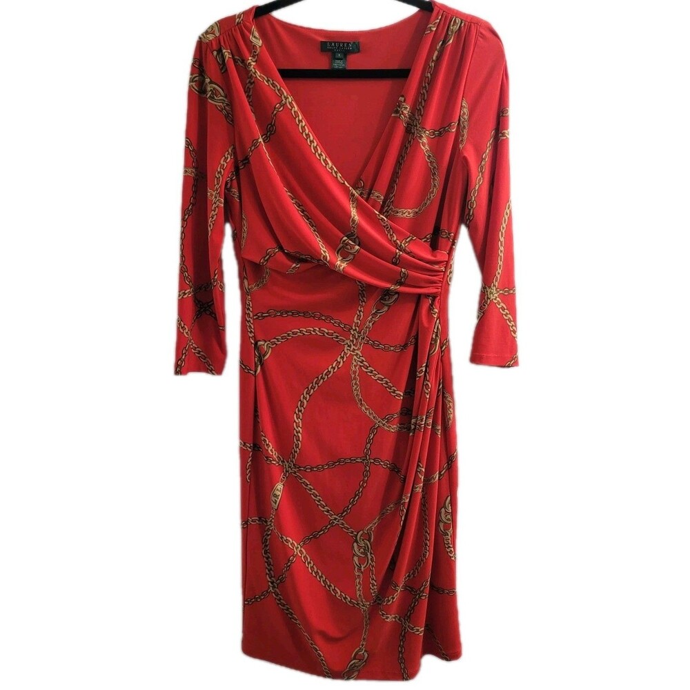 Lauren Ralph Lauren Dress 8 Red Chain Print Faux Wrap Ruched Jersey Sheath